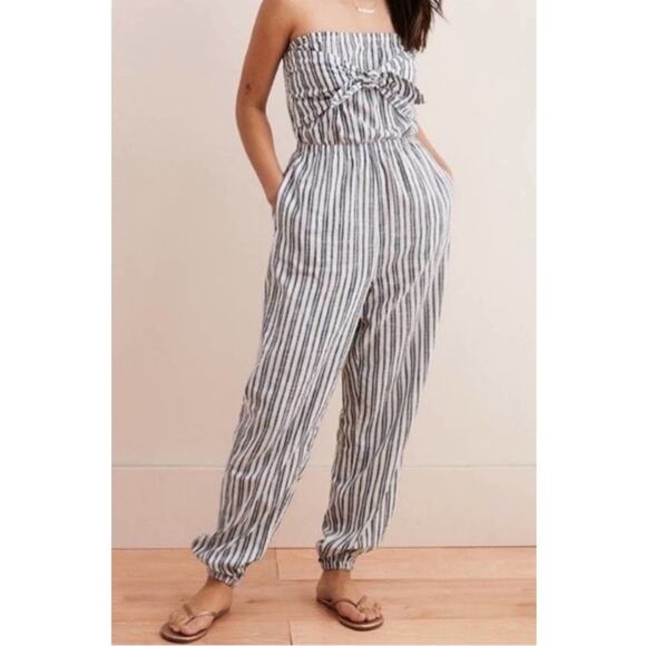 AE Aerie Linen Pinstripe Strapless Jumpsuit - Picture 1 of 5